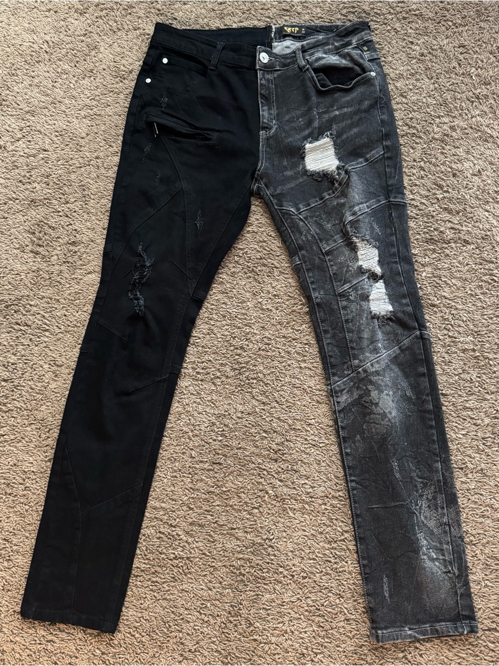 Kleep Jeans Mens 36x32 Black Grey Distressed Streetwear Grunge City Cyber Punk